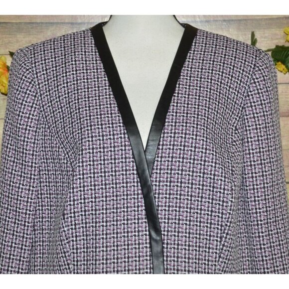 NWT Tahari Arthur Levine 14W Purple Open Tweed Blazer Jacket Faux Leather Trim - Picture 2 of 10